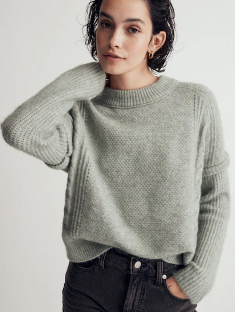 Madewell Cable Havener Pullover Crewneck Sweater Alpaca Wool - Frosted Sage XXS